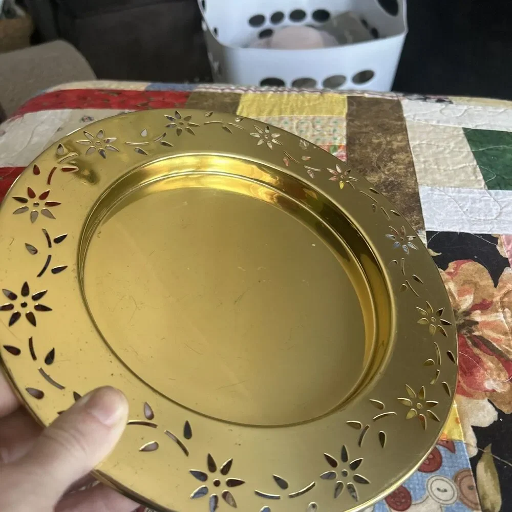 PartyLite 3 Wick Pillar Brass Gold Tone Candle Holder Tray Floral Rim 9 Inch